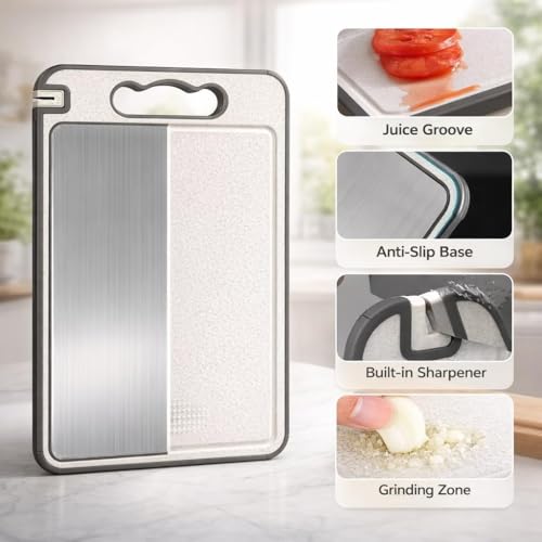 Image of Herrlich Homes Large Steel Chopping Cutting Board for Kitchen with Knife Sharpner | Heavy-Duty Cutting Board | Dual Side usable | Food Grade Quality | Large | 36 x 25 cm