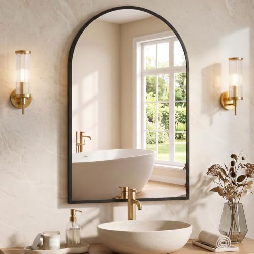 Image of NEWBULIG 24X36 Inch Arched Bathroom Mirror for Wall, Vanity Bathroom Mirrors for Over Sink Tempered Glass, Anti-Rust Arched Metal Framed, Hangs Horizontally or Vertically, Farmhouse Home Decor, Black