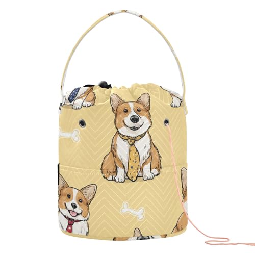 Image of Tatenale Crochet Bag Yarn Bag Knitting Project Bag with Pockets and Handle Portable Yarn Storage Organizer Tangle Free 8.3x11 InchYellow Cute Corgi and Bones42