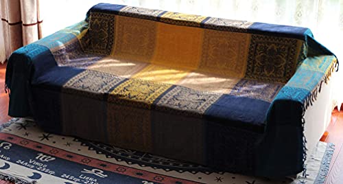 Aivia Bohemian Throws Blanket, Chenille Woven Colorful Recliner Chair Couch Throw Futon Furniture Cover Sofa Slipcover Bed Blanket W/Boho Fringe - 87" X 103" Large Oversized, Teal Yellow #TOP3
