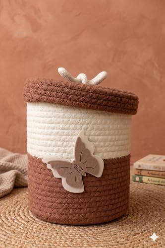 Image of Jute Basket For Storage Cotton Rope Toys Basket With Lid Handwoven Natural Foldable Laundry Hamper for Home, Office, Living Room Size 10x10 inch (brown butter fly)