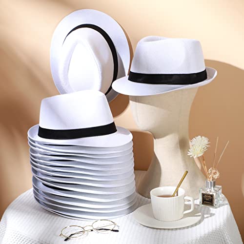 Image of Lasnten 16 Pcs Fedora Style Hat Bulk Men 1920s Gangster Short Brim Panama Cap Women Party Costume, Circumference 60 cm(White)