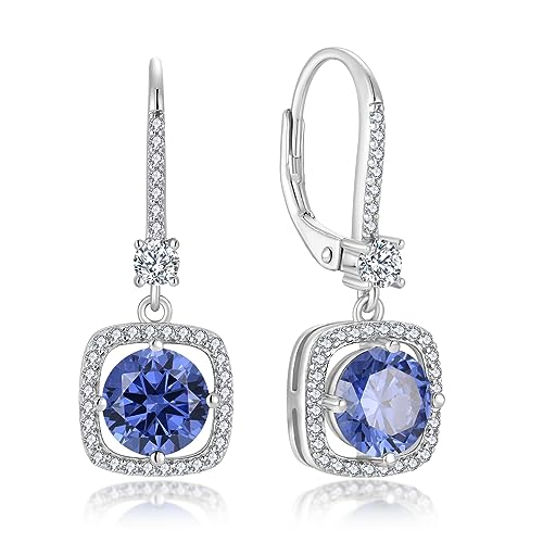 Square Shaped Dangle Drop Earrings for Women, 925 Sterling Silver 5A Cubic Zirconia Leveback Ruond Birthstone Earrings for Hypoallergenic Jewelry Gifts for Her