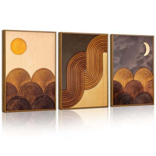 Tinonedraw Boho Mountain Framed Canvas Wall Art Set, Mid Century Modern Geometric Line Wall Decor, Bohemian Sun and Moon Art Paintings, Beige Brown Wooden Artwork for Living Room Bedroom Office 16