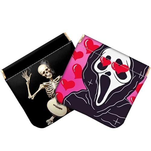 Image of Deokke 2 PCS Coin Purse Pouch Squeeze Soft Leather PU Mini Wallet Small Change Holder Cute Aesthetic for Women Girls Men (T5-Skull Skeleton)