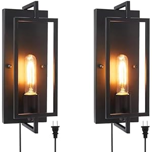 YXTH Plug in Wall Sconces, Black Wall Sconce, Industrial Wall Lamp with Plug in Cord, Industrial Wall Lights On/Off Switch E26 Base, Vintage Wall Sconce Lighting for Living Room Bedroom Hallway 2Pack