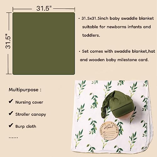 Image of Ylsteed Baby Swaddle Blanket and Headband Set, Newborn Receiving Blanket Swaddle Wrap for Girls Boys, Swaddling Blankets Neutral for Newborn,Soft and Skin-Friendly Receiving Wrap 32*32 inch(Green leaves)