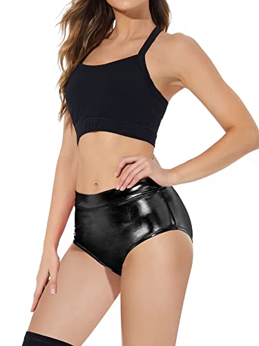 YgneeDom Damen Metallic Booty Shorts Glänzende Rave Hose für Tanz Festival Kostüme, schwarz, Mittel Cover