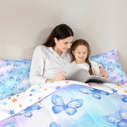 Image of Erosebridal Pink Blue Butterfly Bedding Twin,Watercolor 3D Printed Comforter Set Purple Colorful Rainbow Bed Sets Fantasy Dreamy Princess Duvet Insert 2 Pieces
