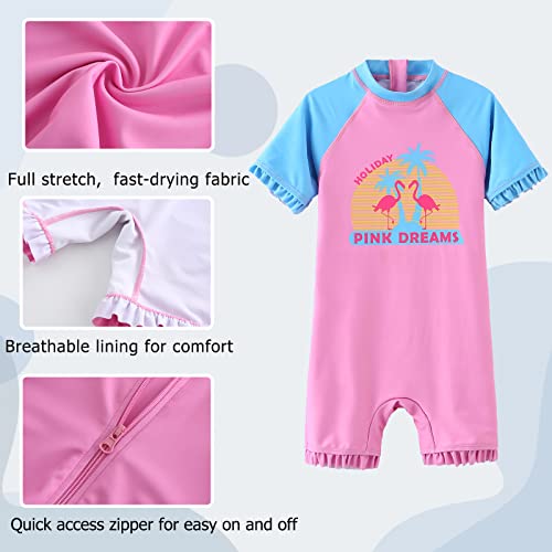 Image of Girls One Piece Rash Guard Swimsuits for Kids UPF 50+ Sun Protection Short Sleeve Swim Shirt