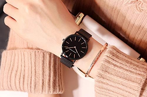 Hannah Martin Ultra Thin Stainless Steel Mesh Band Waterproof Quartz Women's Wrist Watch (Black Dial, Black Band 2) - Image 5