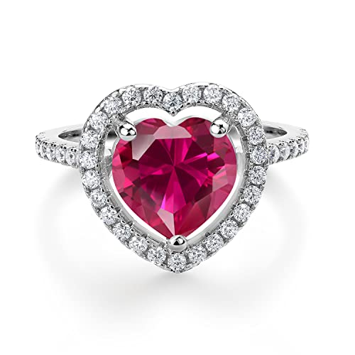 Gem Stone King 925 Sterling Silver 10MM Heart Shape Gemstone Birthstone and White Moissanite Halo Engagement Ring | Wedding Anniversary Promise Ring For Women | Available In Size 5, 6, 7, 8, 92