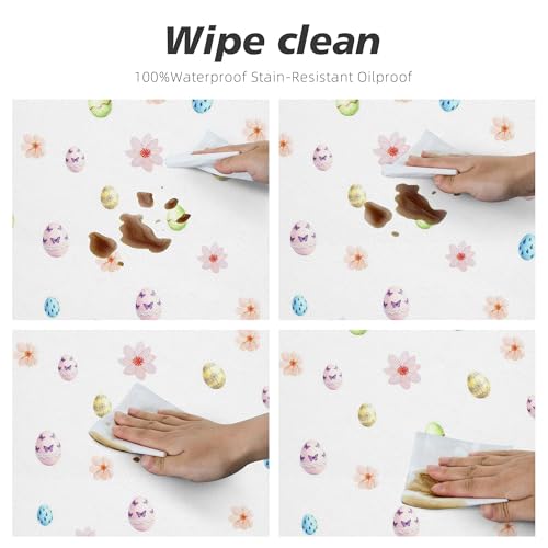 Image of Easter Round Tablecloth 60 x 60 Inch Flowers Rabbit Eggs Table Cover Waterproof Wipeable for Kitchen Restaurant Home Parties Holiday Decor