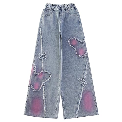 Girl Bow Print Pants 𝗬2K Butterfly Baggy Elastic High Waisted Straight Jeans Teen Fall Loose Wide Leg Loose Trouser