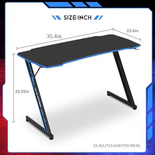 Image of 35 in Gaming Desk Z-Shaped Game Computer Desk with Hook Cheap PC Game Table Home Office Desks for Bed Sofa, Gaming Workstation for Kid, Easy to Install, Lightweight to Move, Blue