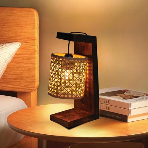 Image of Ikari Homes Vintage Table Lamp I Indonesian Rattan Cane with Braided Wire I Boho Table lamp for Bedroom /Living Room /Office Desk /Restaurants - (Rattan Hex Shade)
