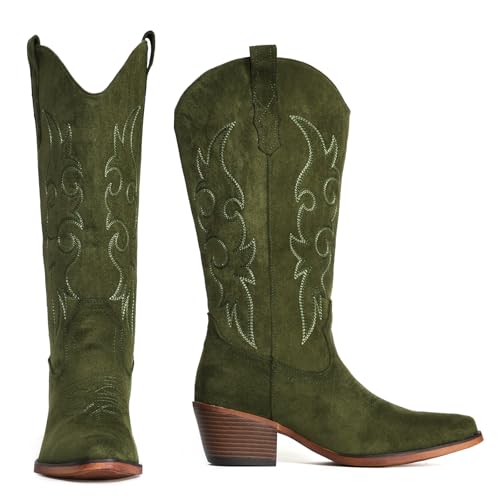Image of IUV Cowboy Boots For Women Western Cowgirl Boots Mid Calf Snip Toe Boot With Chunky Heel