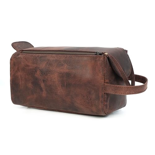 LEATHER TOWN Neceser para hombre, bolsa de viaje esencial para afeitado, estuche organizador de artículos de aseo personal, 100 % piel auténtica, resistente al agua, color marrón oscuro, Marrón