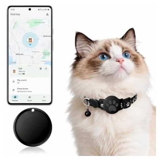 GPS Tracker for Cats, Cat Collar with Tracker for Android Users – No Monthly Fee, Google Find Hub Cat GPS Tracker Collar, IP67 Waterproof, Replaceable Battery Lasts 1 Year (Not Standalone GPS) (Black)