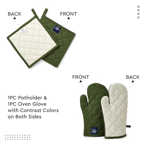 Image of Encasa XO Heat Resistant 100% Cotton Oven Glove & Potholder Set with Loop, Kitchen Cooking Mittens, Microwave Safe Hot Pads (Leaf Green)
