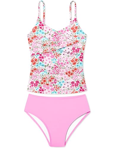 Image of Girls Swimsuit 2 Piece Bathing Suit Criss Cross Ruched Girl Tankini Sets Printed Girls' Swimwear for 9-18 Years