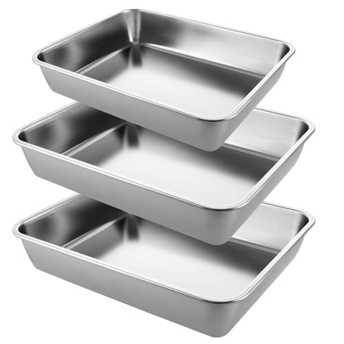 MEIDIV Rectangle Cake Tin Set of 3, Tray Bake Tins for Baking, Stainless Steel Oven Tray, Baking Tray Set, Deep Cake Pans Cake Trays for Baking Cookie Cake Lasagne(30x24x5.6CM, 25x20x5.6CM)