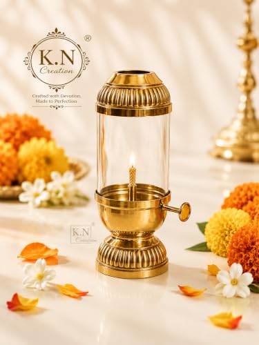 Image of K.N Creation Pure Brass Akhand Jyoti Diya Oil Lamp with Adjustable Bati Knob | Lifting Screw Wick Holder for Puja | Borosilicate Glass Cover (Small- Oil Capacity 80 ML) Stay Lit for 20 Hours