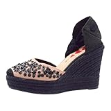 PASARELA - Sandalias valencianas con Detalles de Pedrería Plataforma y cuña de 7 Cuerdas Esparto/Yute para Mujer, Color Negro Textil y sintético Mujer Color: Nude-Negro Talla: 39