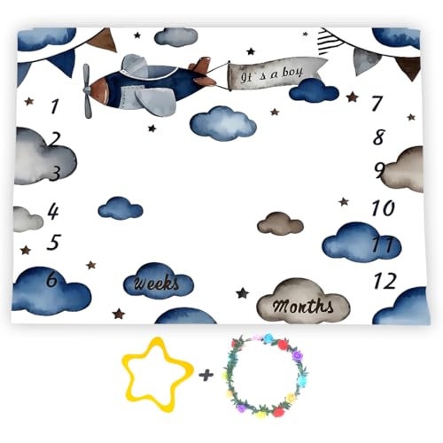 Image of Airplane Theme Baby Monthly Milestone Blanket for Boys, Soft Flannel Aircraft Pilot Cloud Stars Pattern Photography Prop Baby Shower Age Newborn Mom Gifts Nursery Decor (Gray Blue, 60x40in)