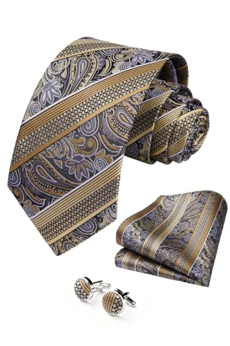 Image of HISDERN Ties for Men Paisley Tie and Pocket Square Cufflinks Set Formal Classic Floral Necktie Handkerchief Wedding Party