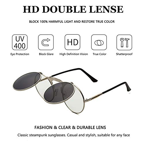 Dollger Round Retro Sunglasses Steampunk Sunglasses Flip Up Sunglasses for Men Women(Black Lens+Silver Frame) steampunk buy now online