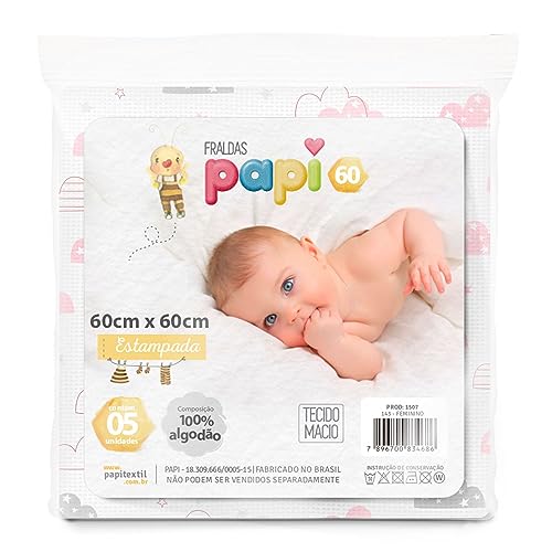 Kit 5 Fraldas Papi 100% Algodão 60x60cm Estampadas Feminino