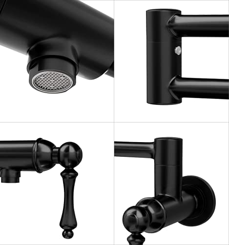 Jzbrain Pot Filler Faucet For Kitchen Wall Mount Pot Filler Stainless Steel Kitchen Sink Stove Folding Faucet Single Hole With Double Joint Swing Arm 2 Handles To Control Water (Black) #TOP3