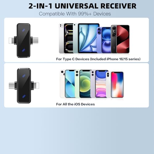 Image of Haomuren Mic Wireless, 2-in-1 Wireless Microphone for iPhone & Android - Noise Cancelling Lavalier Mic with LED Indicator, YouTube /Streaming /TikTok Recording(Dual Channel)