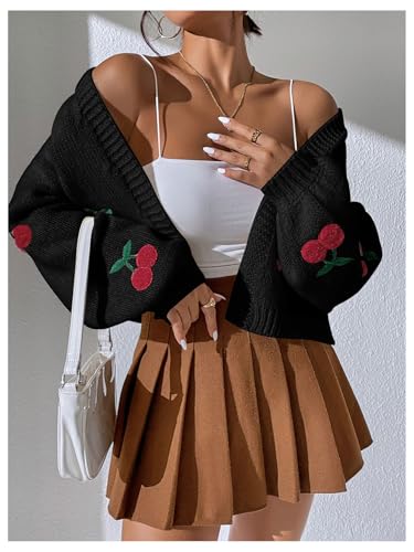 Image of GORGLITTER Women's Cherry Cropped Cardigan Sweaters Open Front Long Sleeve Cute Chunky Knit Short Cardigan Trendy
