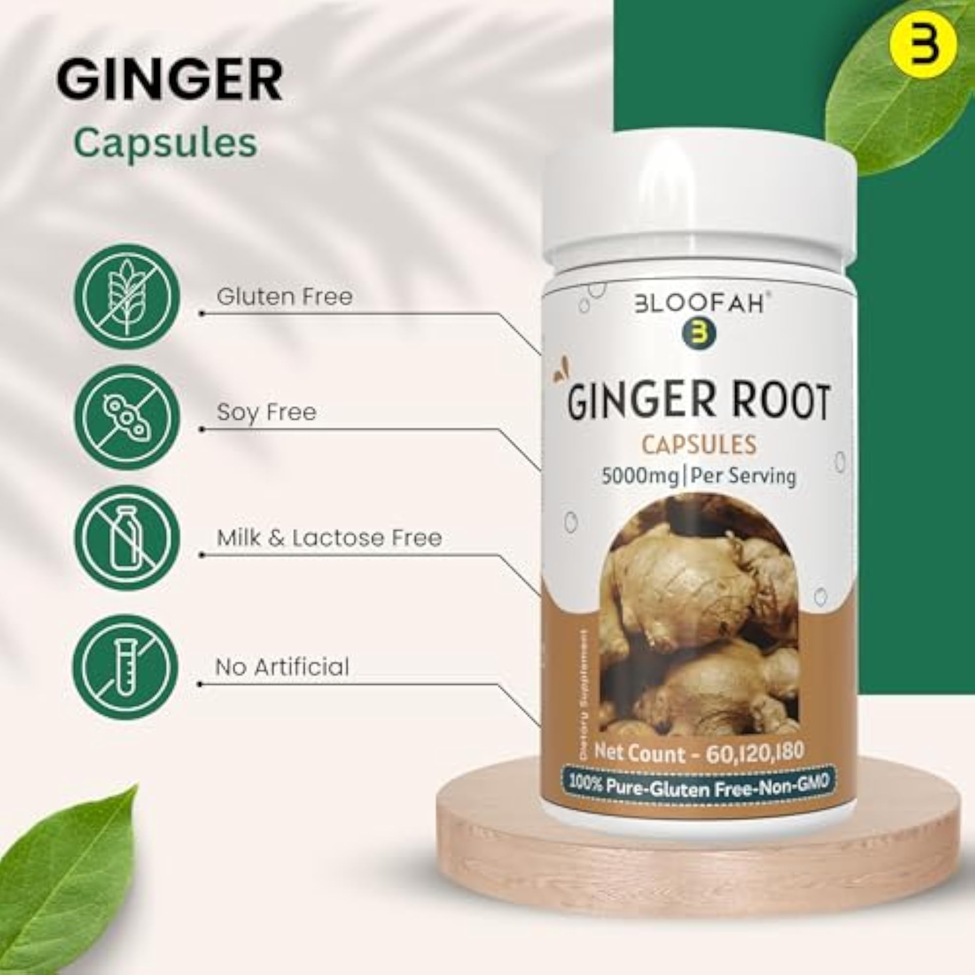 Ginger Root Capsules, Natural Herbal Supplement