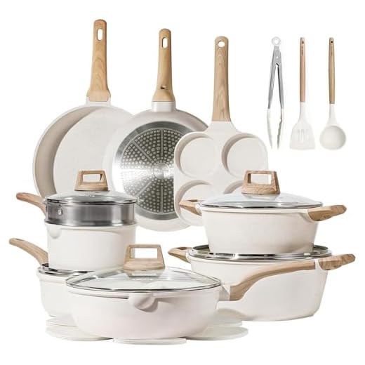 CAROTE 21Pcs Pots and Pans Set, Nonstick Cookware Sets, White Granite Induction Cookware Non Stick Cooking Set w/Frying Pans & Saucepans(PFOS, PFOA Free)