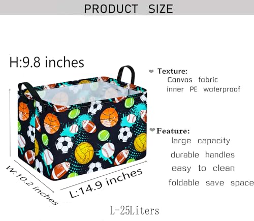 Image of Kid Clothes Storage Basket Gift Shelf Basket Toy Storage Bin, Nursery Basket Organizer Box for With Handles for Room Deco Football Basketball Pattern