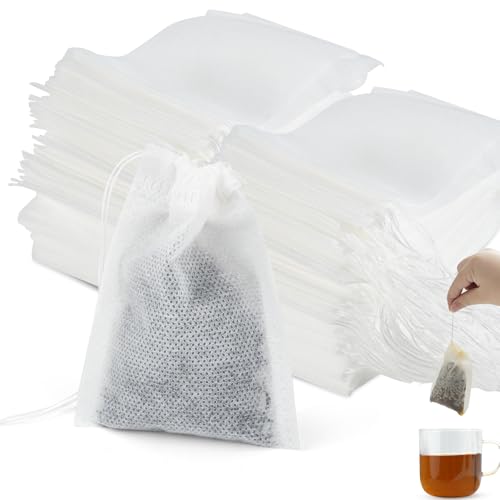 100 Bolsitas de Té Desechables para Rellenar con Cordón de Cierre 7 x 9 cm, Filtro de Té para Té a Granel, Especias y Café (Blanco)