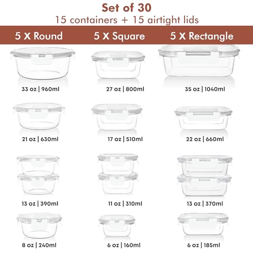 Image of Razab 30 PC Glass Food Storage Containers with Lids - Reusable Glass Meal Prep Containers for Lunch and Leftovers - Airtight & Leakproof Snap Locking Lids - Oven, Freezer, Microwave, Dishwasher Safe