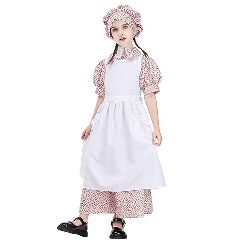CR ROLECOS Pioneer Dresses for Girls Toddler Pink Floral Prairie Dress Colonial Old Time Costume Bonnet Apron Set M by CR ROLECOS - Used condition - Image 2