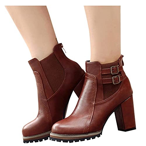 Aniywn Women s Chunky High Heels Ankle Boots Strappy Buckle Round Toe Slip On Short Boots Back Zipper Platform Booties Brown
