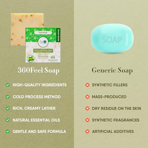 360Feel Patchouli Soap - Made in the USA - Castile Handmade, All Natural, Cold Processed - Infused with Patchouli for Relaxation and Gentle Cleanse - Rich Moisturizing Lather - 5 oz