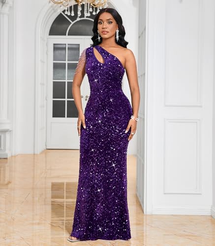 Image of Cololura Women Sequin Elegant Sexy One Shoulder Tassel Mermaid Bodycon Cocktail Evening Dress