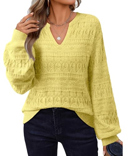 Furnex Sweaters for Women Fall Loose Pullover Knit Tops Casual Lantern Sleeve V Neck Cute Soft Ladies Dressy Blouses Shirts