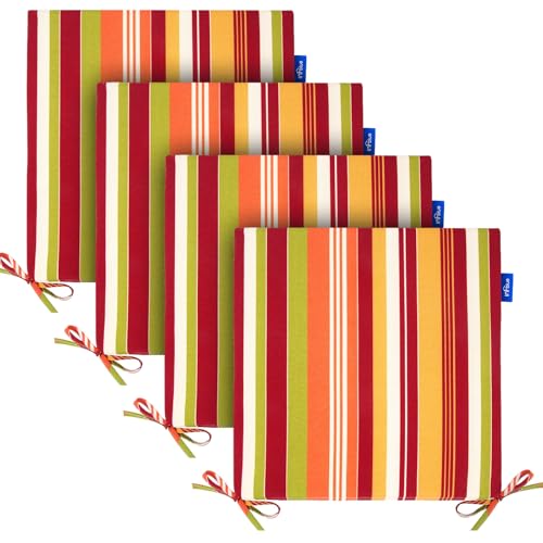 Indoor/Outdoor Chair Cushions Set of 4 Chair Pads Water Resistance Square Corner Outdoor Cushions for Patio Furniture Patio Chair Cushions with Ties Fade Resistance (17''x17'', Colorful Stripe)