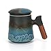 Winverty Keramik Teetasse mit Deckel, Teebecher mit Holzgriff, Teetasse mit Filter für Zuhause und Büro, 400ml,Blau(mit Muster))