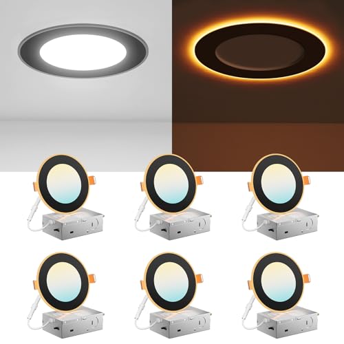 Amico 6 Pack Black 4 Inch 5CCT LED Recessed Ceiling Light with Night Light, 2700K/3000K/3500K/4000K/5000K Selectable Ultra-Thin Lighting, 10W=90W, 700LM, Dimmable Canless Wafer Downlight - ETL&FCC