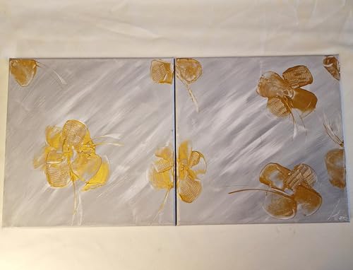 Peintures murales fleurs dorées tableau déco salon lot 2 toiles 30x30