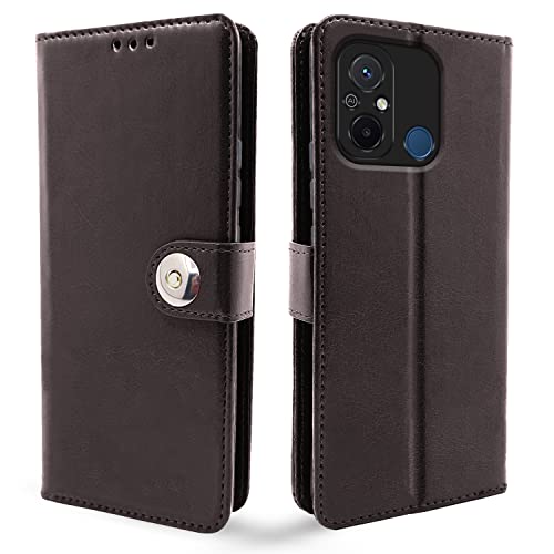Image of Pikkme Redmi 12C / Poco C55 Flip Cover Leather Finish | Inside TPU with Card Pockets | Wallet Stand and Shock Proof | Complete Protection Button Flip Case (Coffee)